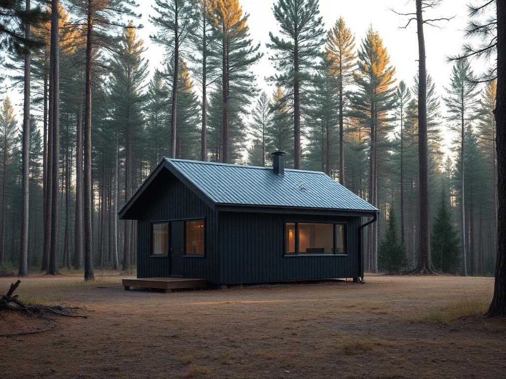 Panel-built cabin in a forest setting